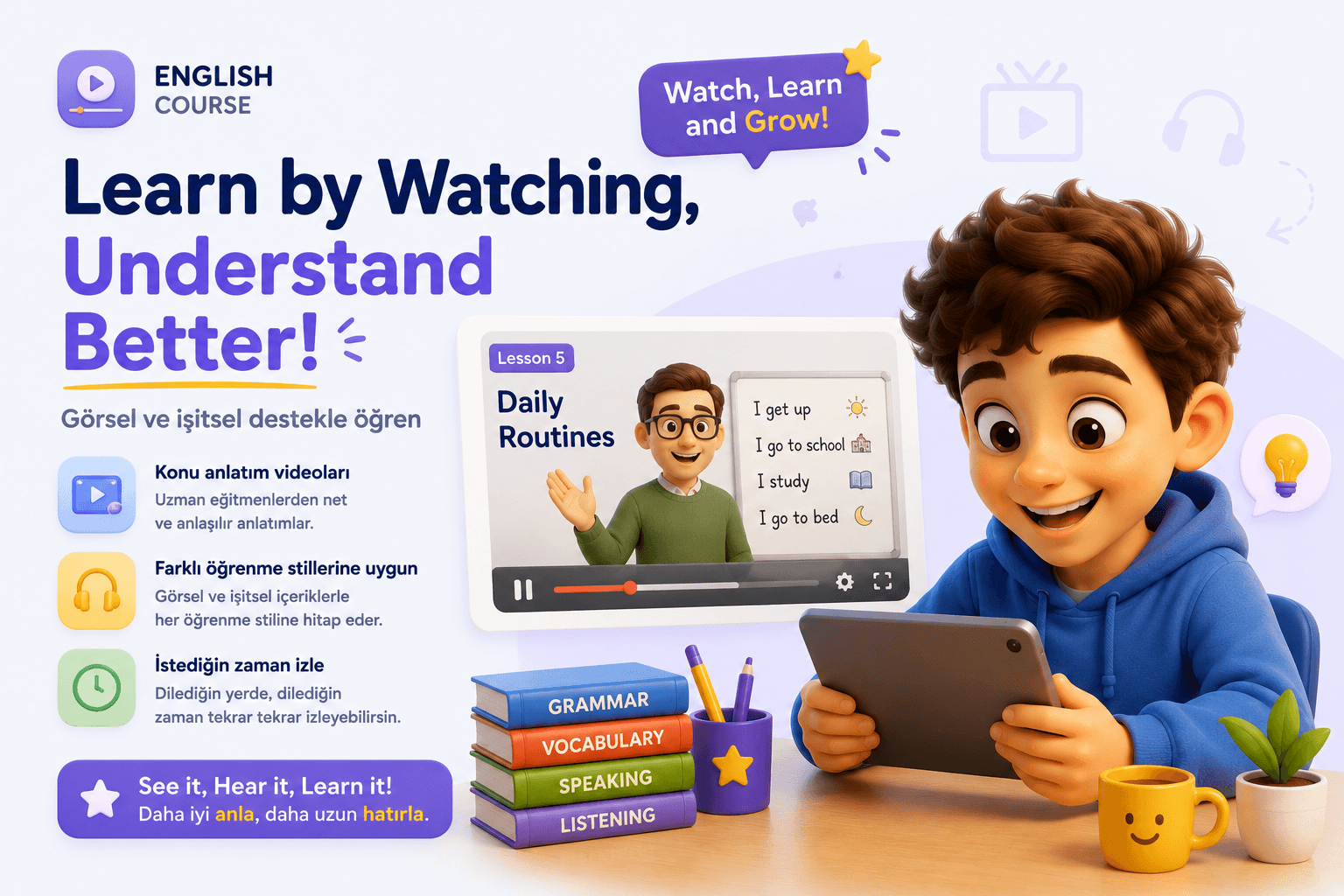 Tabletten ders videosu izleyerek görsel ve işitsel destekle İngilizce öğrenen öğrenci